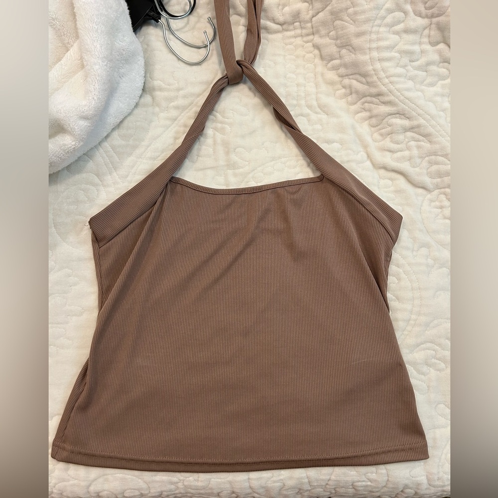 SHEIN Brown Tan Ribbed Halter Tie Tank Top
